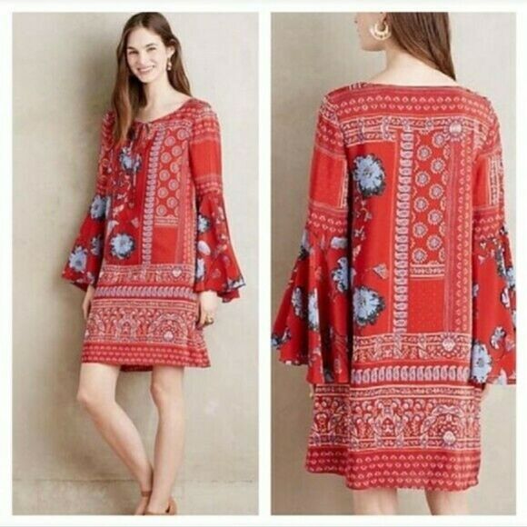 Anthropologie Belled Silk Peasant Dress by Vanessa Virginia - Picture 1 of 16